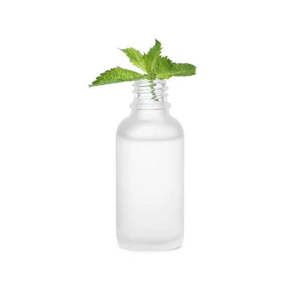 Flasche Ätherisches Und Minze Auf Weißem Hintergrund — Stockfoto