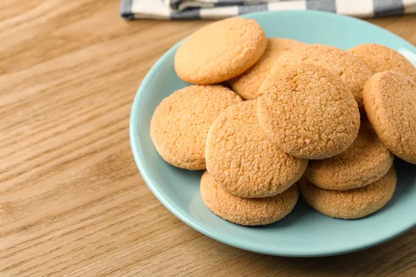 Delicious Sugar Cookies Wooden Table Closeup Space Text — Stock Photo, Image