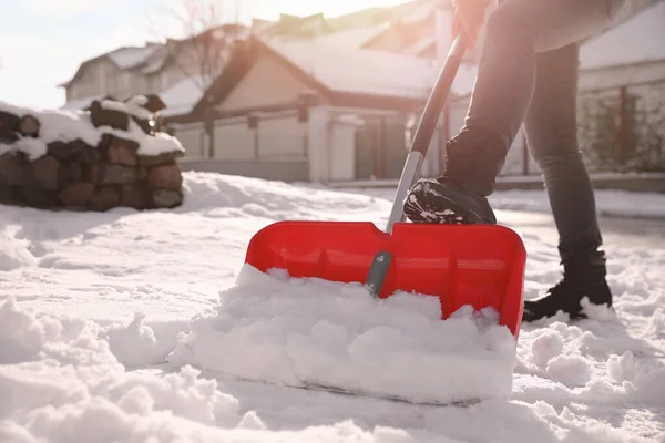 Person Shoveling Snow Outdoors Winter Day Closeup — Stock Photo, Image
