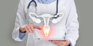 Doctor holding modern tablet and virtual image of uterus on grey background, closeup clipart