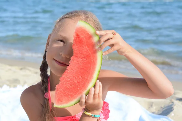 Cute Little Girl Holding Slice Juicy Watermelon Beach — Stock Photo, Image