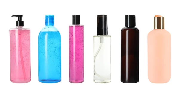 Комплект Различными Бутылками Средств Личной Гигиены Белом Фоне Баннерный Дизайн — стоковое фото