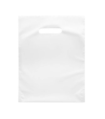 Blank plastic bag on white background, top view. Space for design