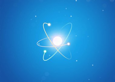 Açık mavi arkaplandaki atomun sanal modeli. Görüntü
