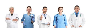 Beyaz arkaplandaki doktorların fotoğraflarıyla kolaj. Pankart tasarımı