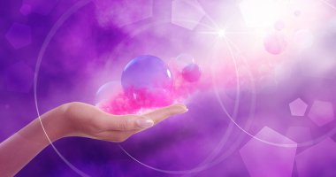 Concept of karma. Woman holding images of spheres and pink smoke on color background, closeup clipart