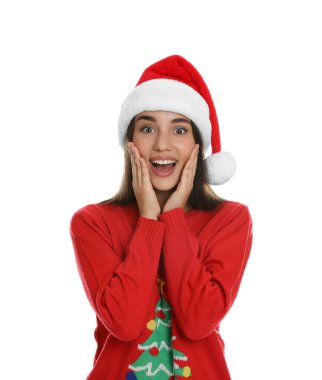 Happy woman in Santa hat on white background. Christmas countdown