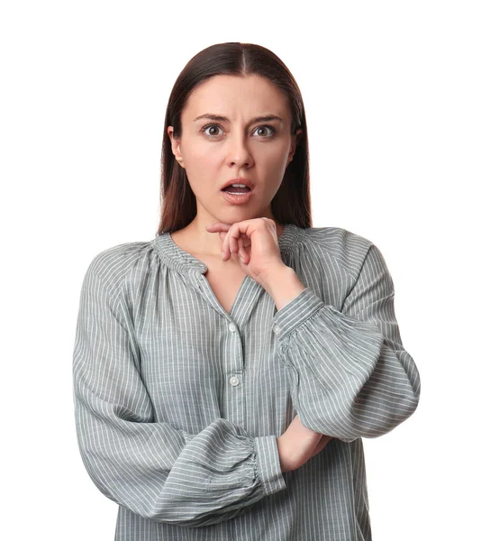 Retrato Una Joven Emocional Sobre Fondo Blanco Concepto Personalidad —  Fotos de Stock