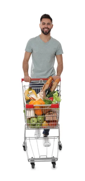 Hombre Feliz Con Carrito Compras Lleno Comestibles Sobre Fondo Blanco —  Fotos de Stock