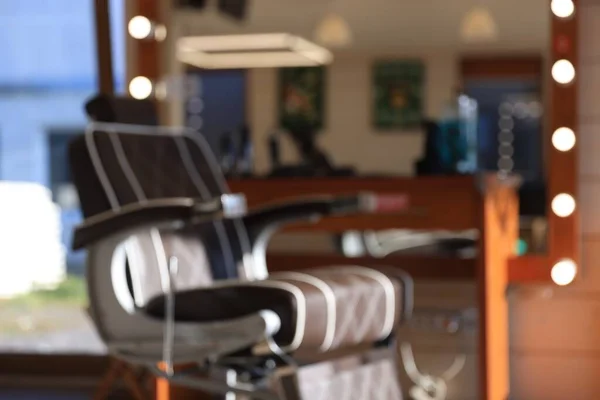 Blurred View Stylish Hairdresser Workplace Professional Armchair Barbershop — Stock Photo, Image