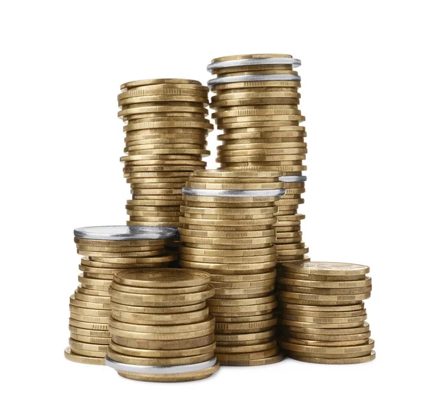 Muchas Monedas Oro Apiladas Sobre Fondo Blanco — Foto de Stock