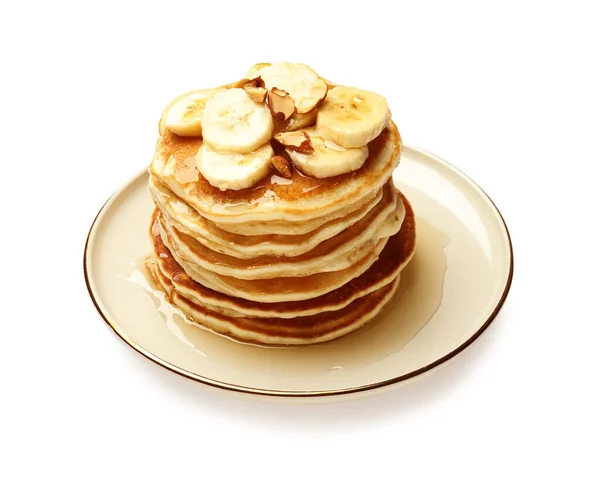 Leckere Pfannkuchen Mit Geschnittenen Bananen Isoliert Auf Weiß — Stockfoto