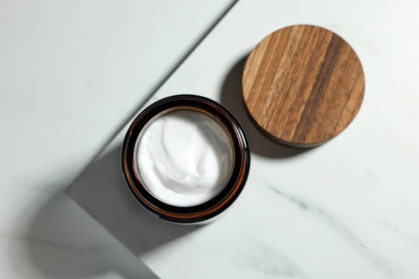 Open Jar Cosmetic Cream White Table Top View — Stockfoto