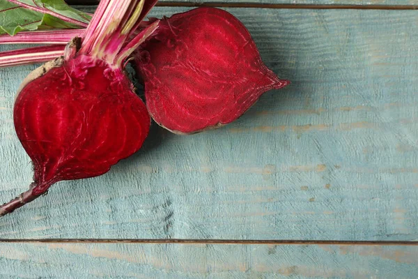 Halves Raw Beet Blue Wooden Table Flat Lay Space Text — Stock Photo, Image