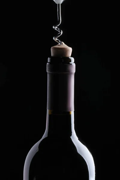 Opening Wine Bottle Corkscrew Dark Background Closeup — Stockfoto