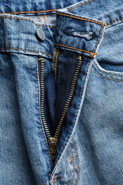 Calça Jeans Azul Com Mosca Desabotoada Como Fundo Vista Superior — Fotografia de Stock