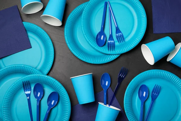 Flat Lay Composition Bright Disposable Tableware Black Background — Stock Photo, Image