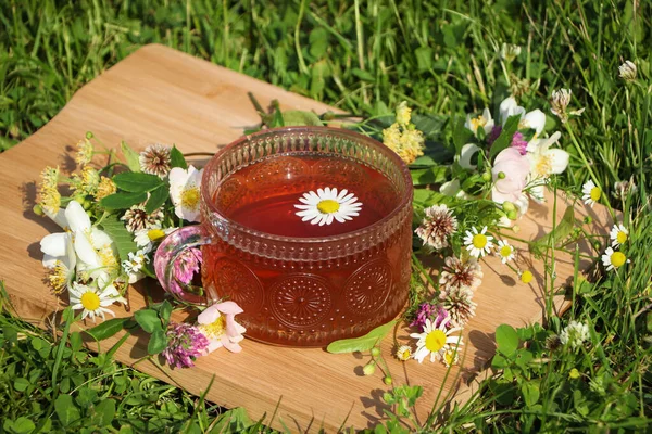 Ornate Glass Cup Tea Different Wildflowers Herbs Wooden Board Meadow — Stock Photo, Image