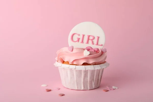 Baby Douche Cupcake Met Meisje Topper Roze Achtergrond — Stockfoto