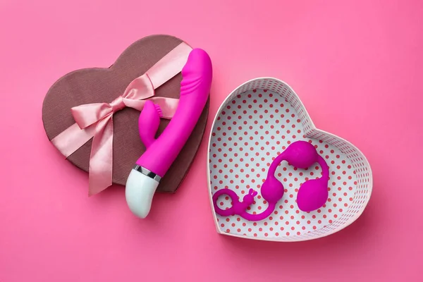 Ajándék Doboz Szex Játékok Rózsaszín Háttér Lapos Laikus — Stock Fotó