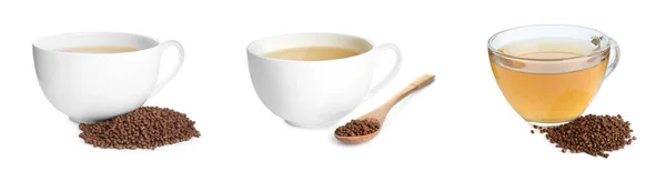 Комплект Чашками Гречишного Чая Гранул Белом Фоне Баннерный Дизайн — стоковое фото
