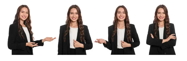 Collage Photos Hostess Uniform White Background Banner Design — Stock Photo, Image