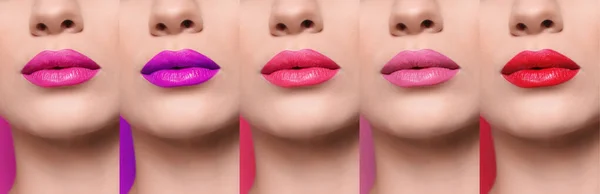 Collage Met Foto Van Jonge Vrouw Met Verschillende Lippenstift Close — Stockfoto