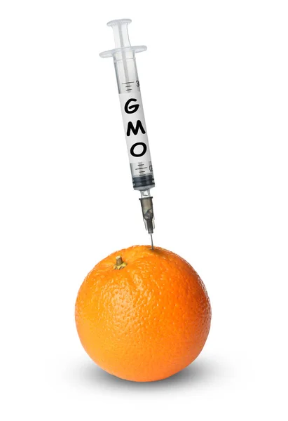 Injekční Stříkačka Etiketou Gmo Mandarinkách Bílém Pozadí — Stock fotografie
