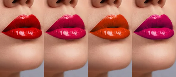 Collage Met Foto Van Jonge Vrouw Met Verschillende Glanzende Lippenstift — Stockfoto