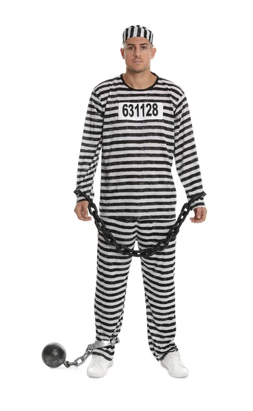 Prisoner Striped Uniform Chained Hands Metal Ball White Background — стоковое фото