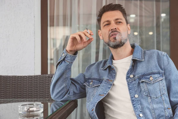 Handsome Man Smoking Cigarette Table Outdoor Cafe — Stock Photo, Image