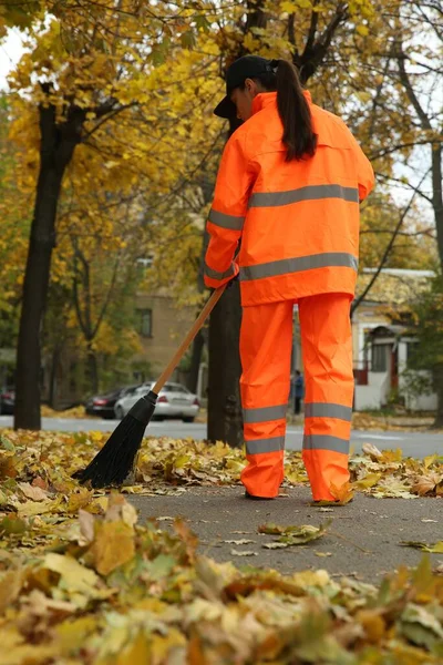 Straßenreiniger Fegt Herbsttag Umgefallenes Laub Ins Freie Rückseite — Stockfoto