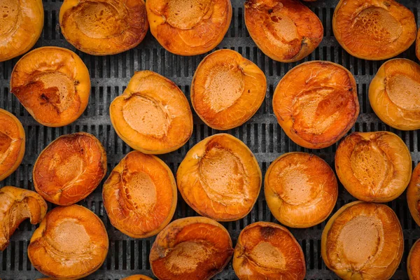 Many Halved Apricots Metal Drying Rack Flat Lay — Fotografia de Stock