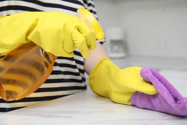 Woman Cleaning White Surface Detergent Purple Rag Indoors Closeup — Stok Foto