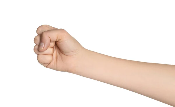 Woman Showing Fist White Background Closeup Hand — Stock Photo, Image