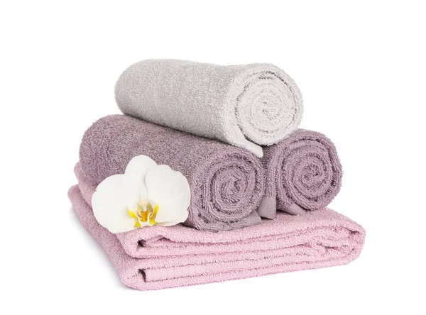 Clean Soft Towels Orchid Isolated White — Stock Photo, Image