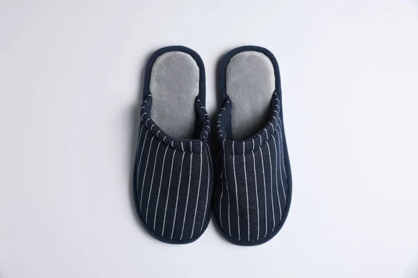Pair Stylish Slippers Light Grey Background Top View — Stock Photo, Image