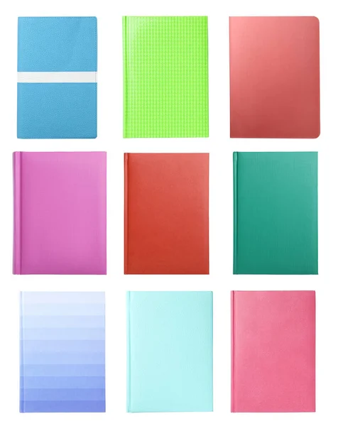 Set Con Elegantes Cuadernos Colores Sobre Fondo Blanco Vista Superior — Foto de Stock