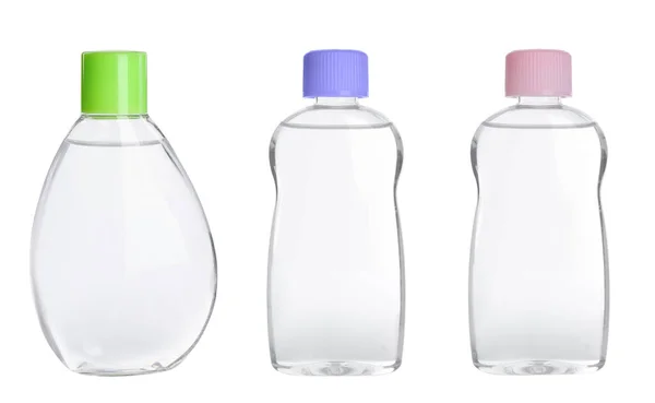 Set Bottles Baby Oils White Background — Stock Photo, Image