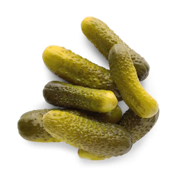 Pile Tasty Pickled Cucumbers White Background Top View — Stock Photo, Image