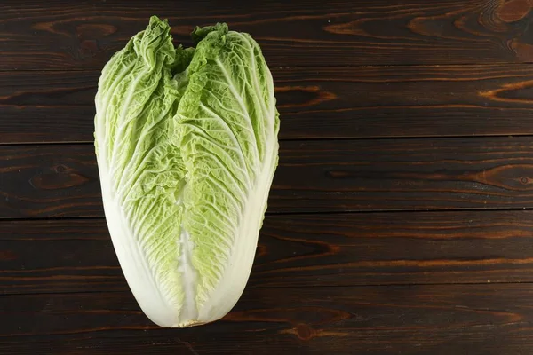 Fresh Ripe Chinese Cabbage Wooden Table Top View Space Text — Stock Photo, Image