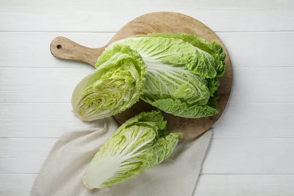 Fresh Ripe Chinese Cabbages White Wooden Table Flat Lay — Stok Foto