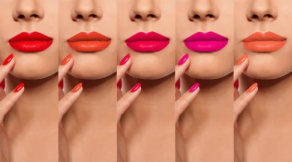 Collage Photos Young Woman Different Lipsticks Closeup — Stock Photo, Image