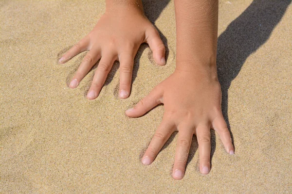 Child Leaving Handprints Sand Outdoors Closeup Fleeting Time Concept — Fotografia de Stock