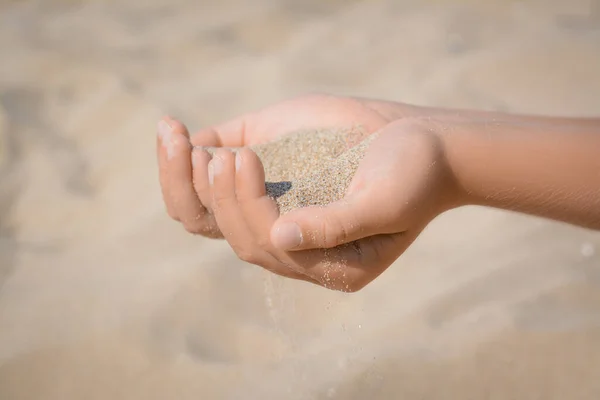 Child Pouring Sand Hands Outdoors Closeup Fleeting Time Concept — Fotografia de Stock