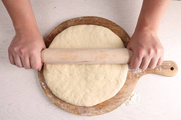Man Rolling Dough Wooden Pin White Table Top View — Stock Photo, Image