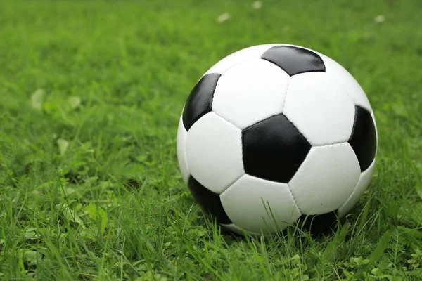 Футбольный Мяч Зеленой Траве Открытом Воздухе Пространство Текста — стоковое фото