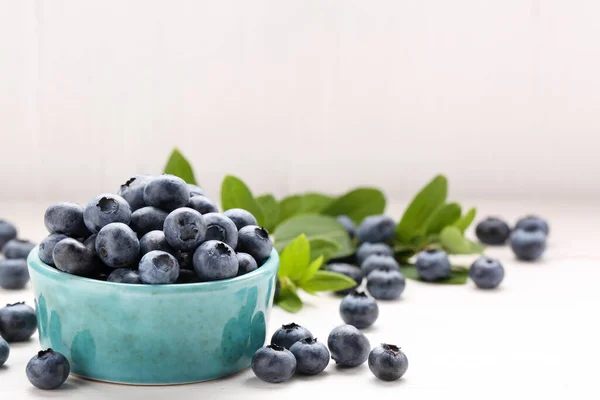 Tasty Fresh Blueberries White Table Closeup Space Text — Stockfoto