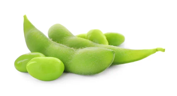 Fresh Green Edamame Pods Beans White Background — Zdjęcie stockowe