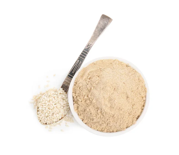 Sesame Flour Ceramic Bowl Spoon Seeds Isolated White Top View — Stock Photo, Image
